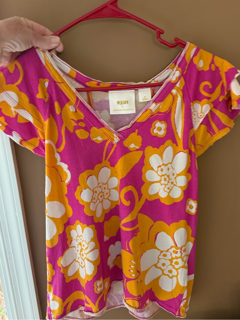 Anthropologie Pink & Orange Floral V-Neck Short Sleeve Top